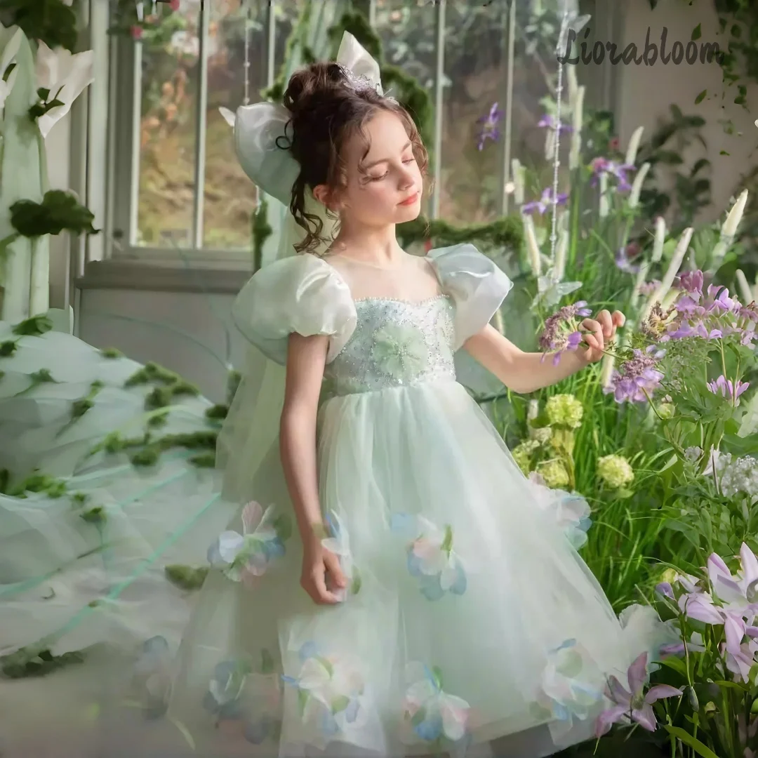 Forest Green Princess Dress Tulle Wedding Gown with Floral Embellishments Puff Sleeve Flower Girl Dress Party Dress
