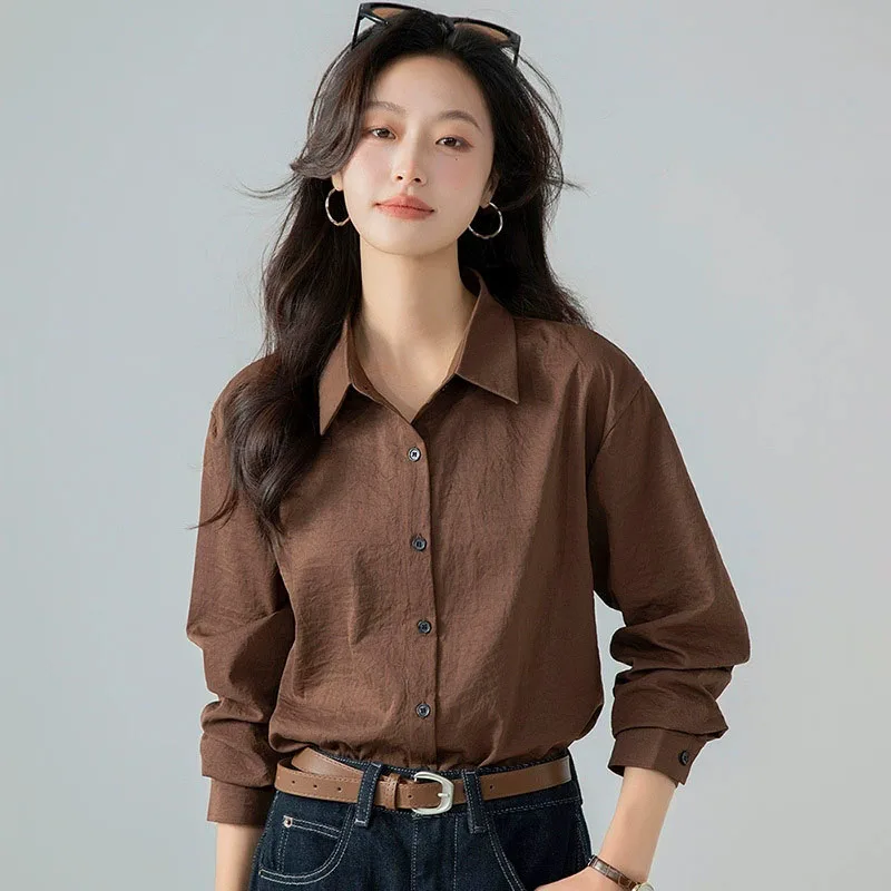 Otoño Vintage marrón gasa blusas mujeres Casual Color sólido camisa de manga larga mujer coreana suelta Simple Oficina camisas blancas