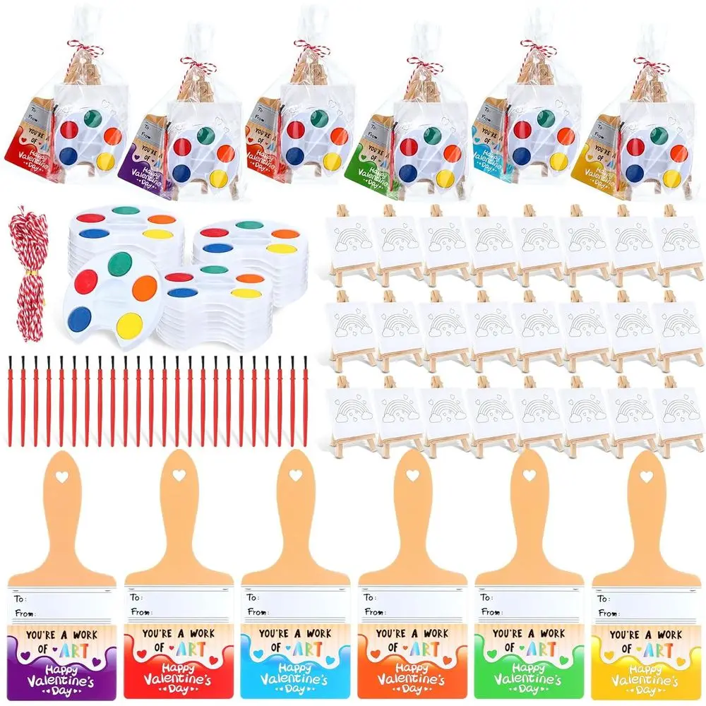 

24 Sets Valentines Day Gits or Kids Valentines Cards Mini Painting Canvas Panel with Wooden Easel Watercolor Paints Brush Kit or