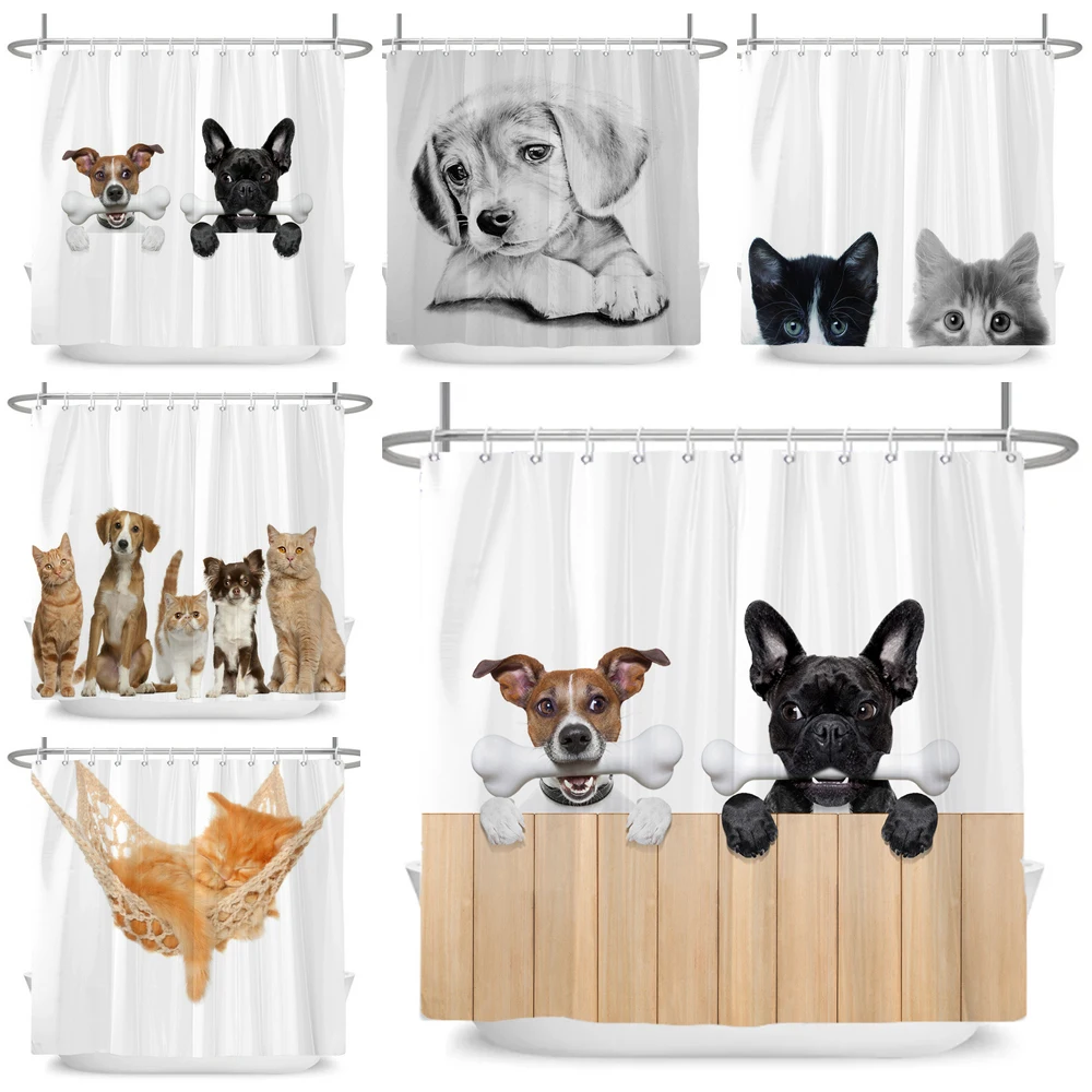 Cute Cat Dog Animal Waterproof Polyester Shower Curtain with Hooks For Bathtub Bathroom Screens Home Decor Large Size Wall Cloth