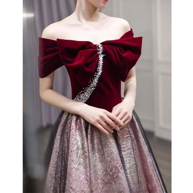 Toasting service new wine red temperament a word shoulder light luxury small dress