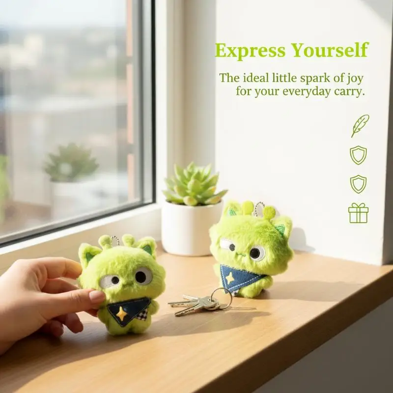 1Pcs Green Alien Cat Plush Keychain Soft Fluffy Stuffed Pendant with Bib Unique Bag Charm for Travel