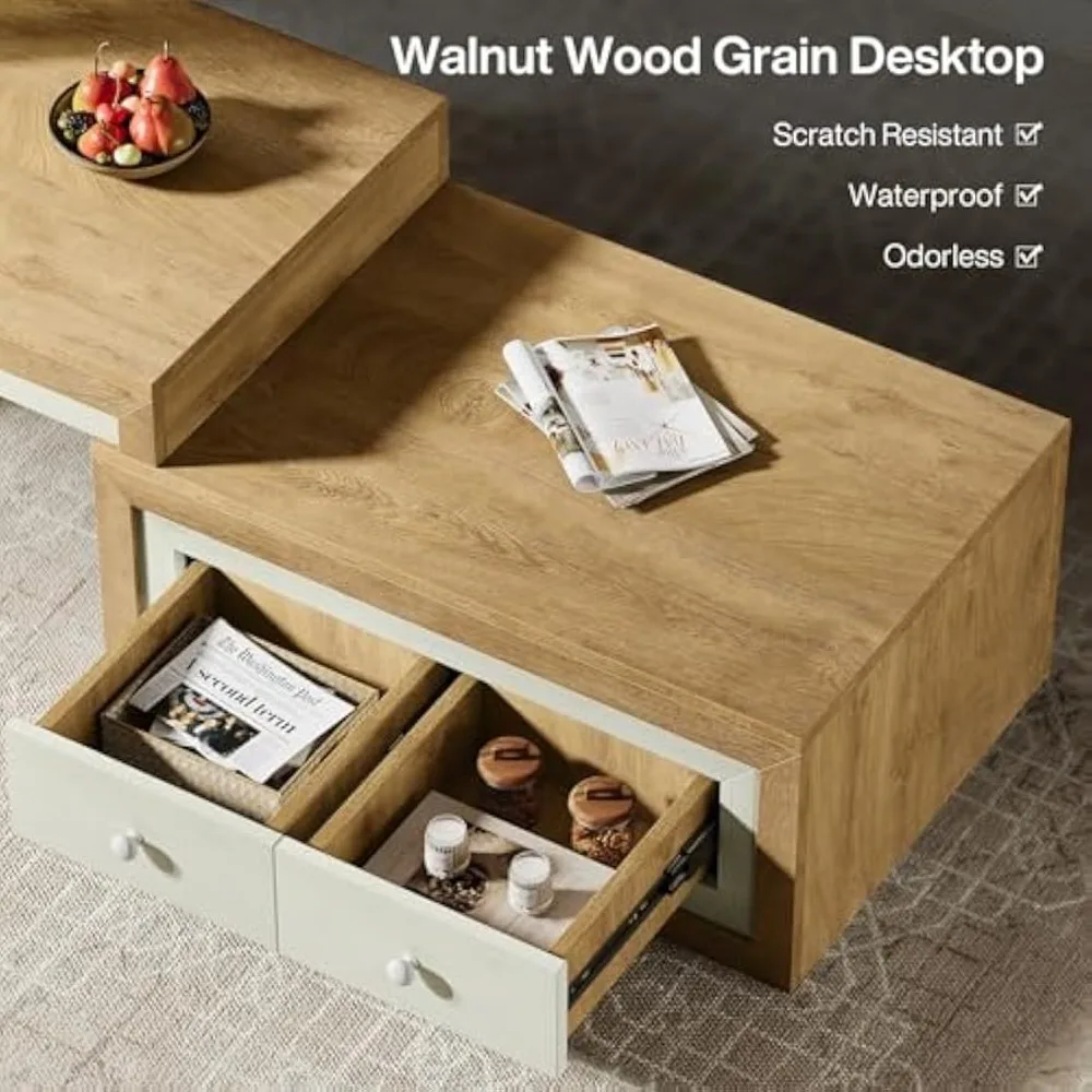 Extendable Coffee Table with 2 Drawers, 40"-71" Length Coffee Table with Storage, Farmhouse Center Table Cocktail Tab