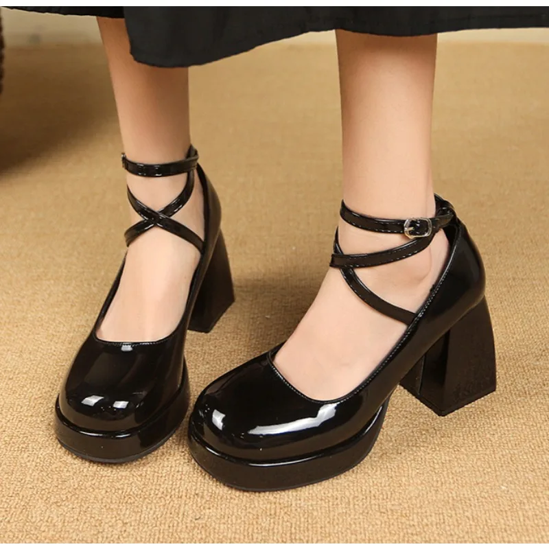 

Women's Black Footwear on Heeled Shoes Woman New Elegant Vintage Lolita Mary Jane Shoes Black Round Toe High Heels Party Shoes