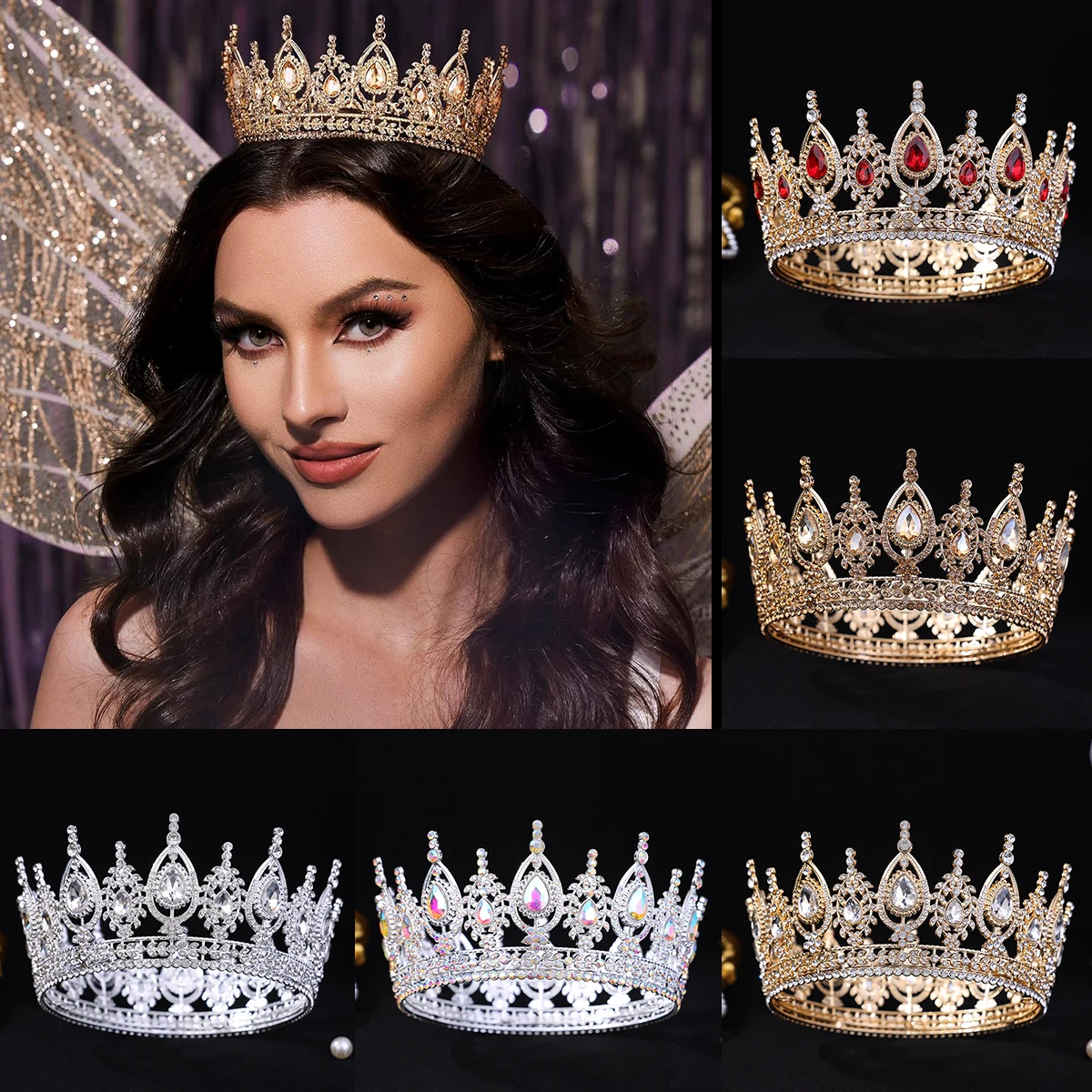 Luxus Kristall Strass Runde Tiaras Und Kronen Prinzessin Königin Diademe Hochzeit Braut Haar Zubehör Frauen Kopf Schmuck