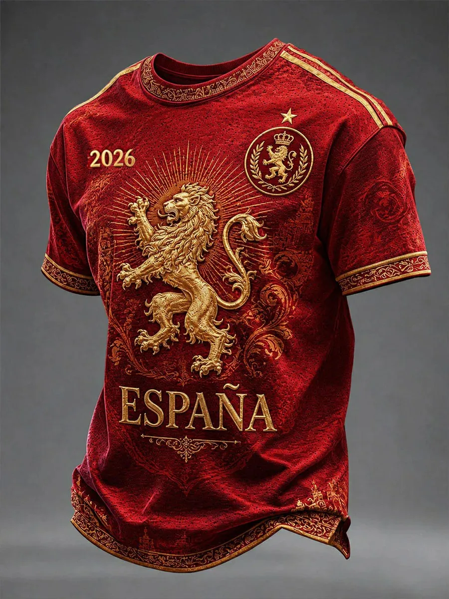 Camiseta de Fútbol Vintage 2026 con Emblema del León Español Dorado en 3D, Corona y Estrella, Informal para Fanáticos, Manga Corta, Impresión 3D