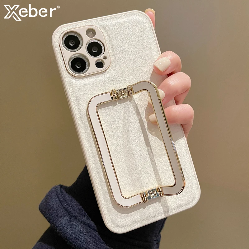 Luxury Leather Stand Holder Phone Case For iPhone 15 14 Pro Max 13 12 11 XR XS Max X 7 8 Plus Camera Protection Silicone Cover