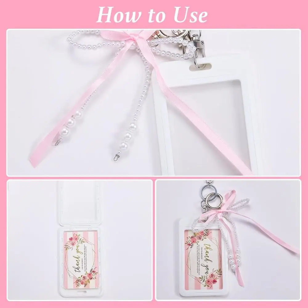 Stylish Hard Acrylic Photocard Holder Transparent Decorative Photos Bag Charm Protective Pearl Bow ID Card Case Bank Card