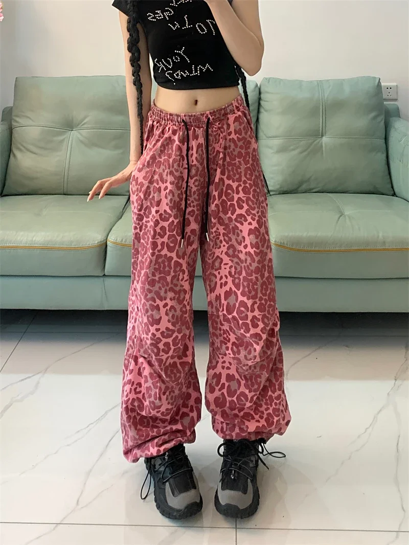 Vintage Streetwear Red Leopard Pants Jogger Sweatpants women Harajuku Loose Cargo Pants Y2k Retro 2000s Aesthetic Trousers