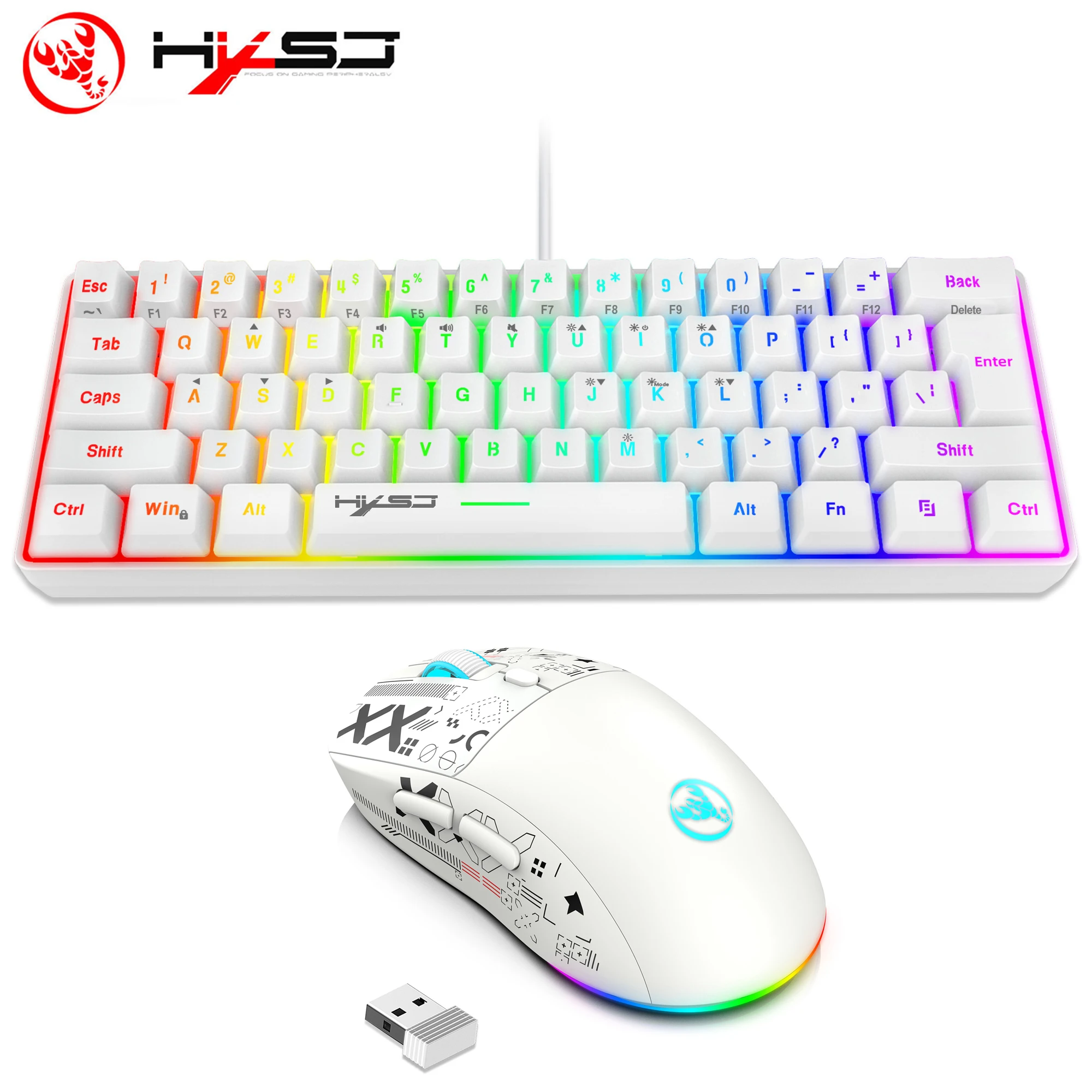

HXSJ-60% набор игровой клавиатуры и мыши, компактная 61-клавишная проводная мембранная клавиатура RGB, 3-режимная беспроводная игровая мышь, для ноутбука, Mac