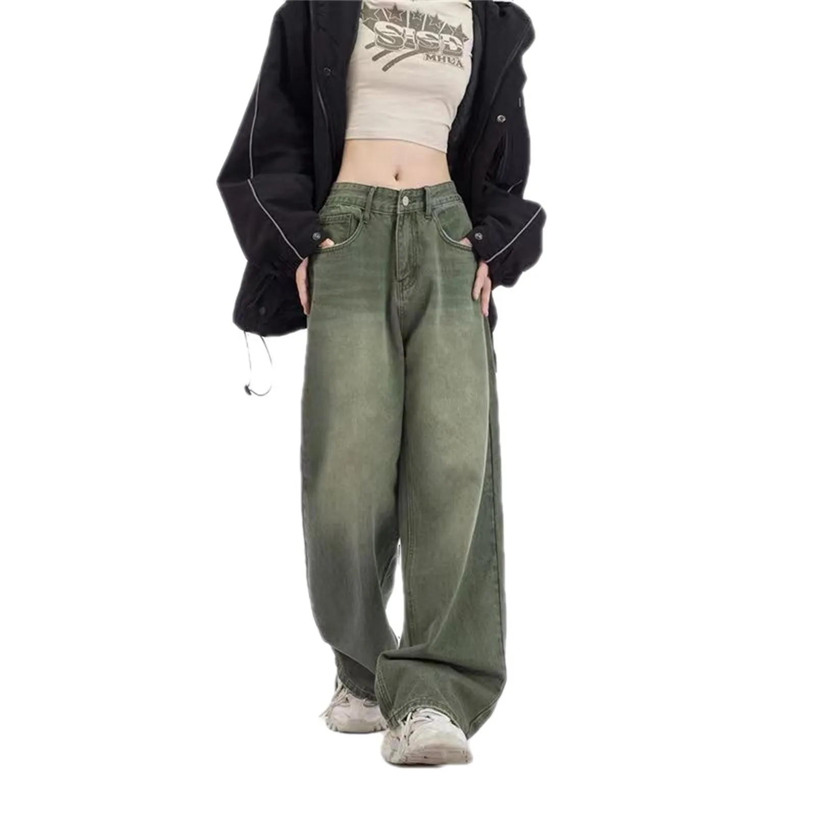 Vintage 90s Baggy Straight Denim Trousers Female High Waist Loose Wide Leg Jeans Women Streetwear All-Match Casual Pants New