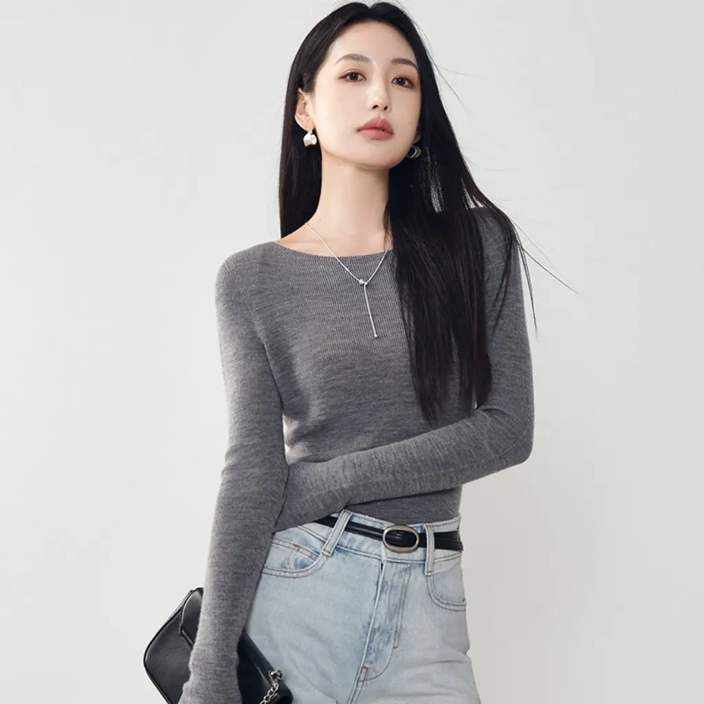 

Women's Slim Fit Knitted Knitwear Fashionable Worsted Wool One-Line Collar Base Layer Top New Autumn