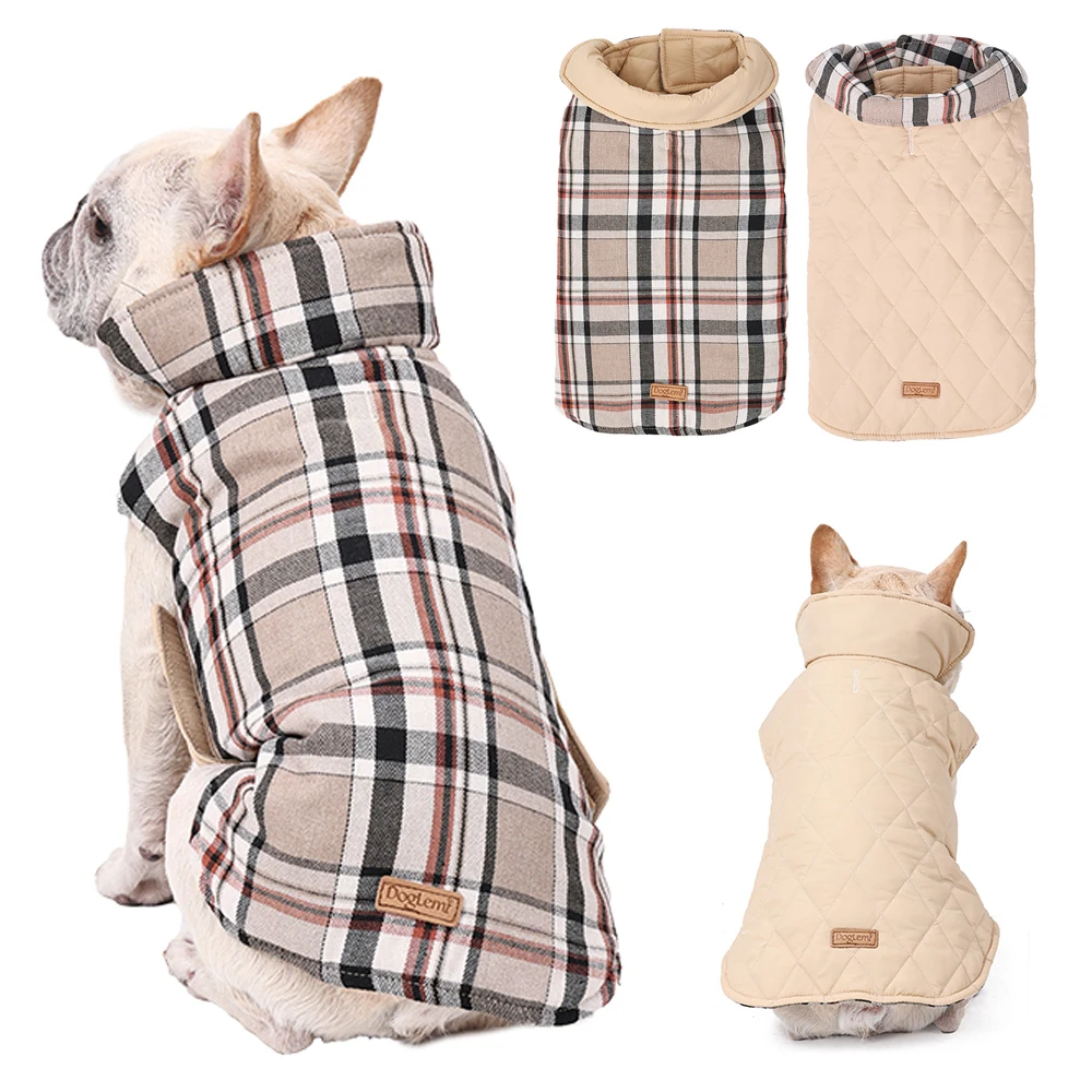 Reversible Dog Jacket Winter Dog Clothes Waterproof Checked Soft Quilted Coat for Small Large Dogs Warm Pet Vest French Bulldog