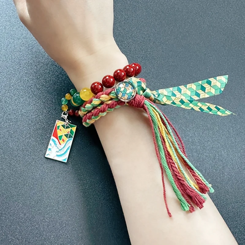 Anime demon slayer cosplay dos desenhos animados pulseira conjunto circunferência da mão 14-16cm tecido ornamento acessório para presente da mascote