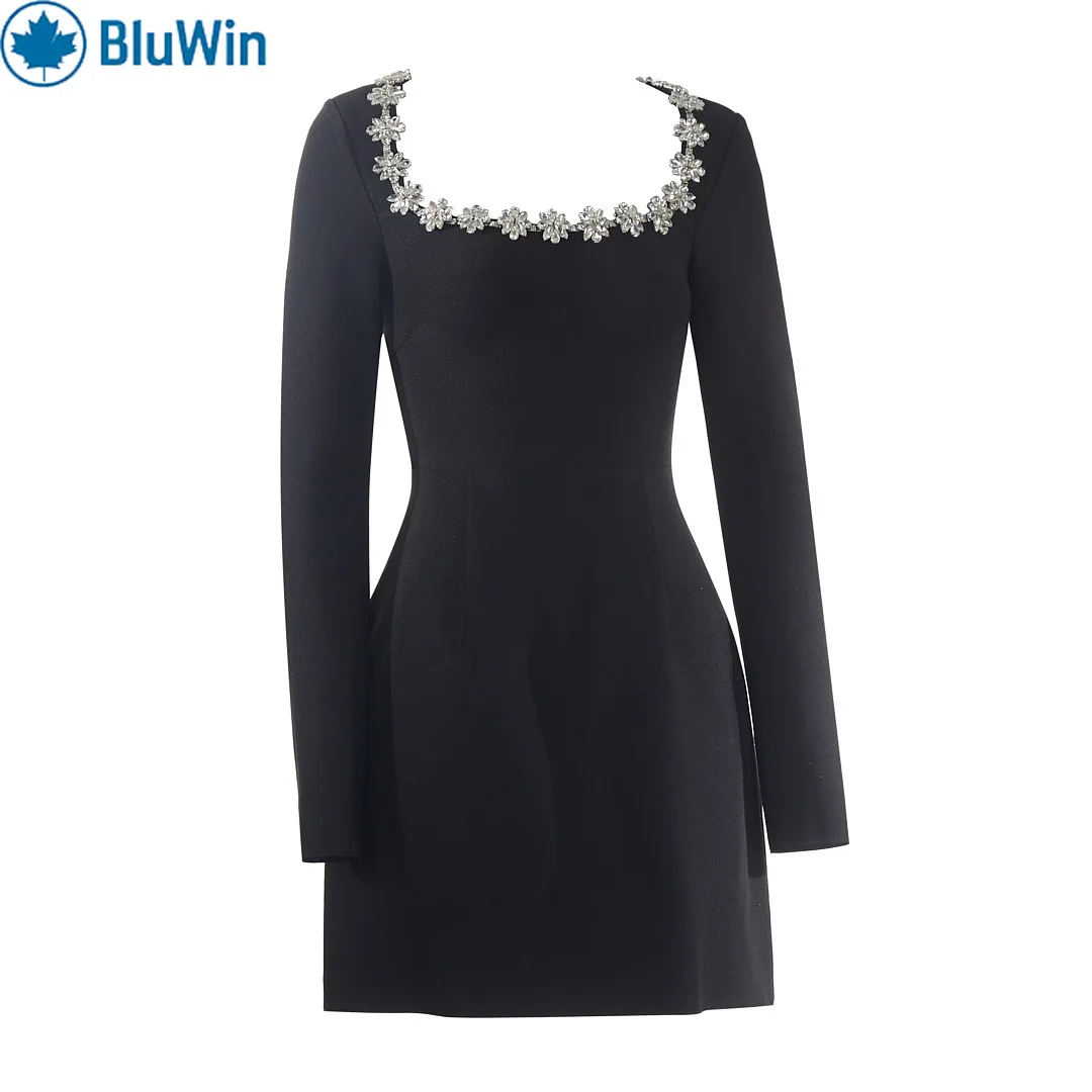 

BluWin Square Neck Mini Dress Women Long Sleeve Crystal Embellished Neck Slim Fit Black Evening