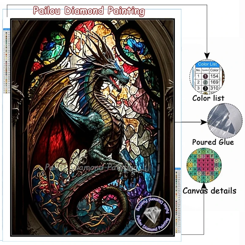 Fantasy Dragon Animal Stained Glass Full Diamond Painting Art Western Fierce Beast Crystal Cross Stitch Mosaic Home Decor