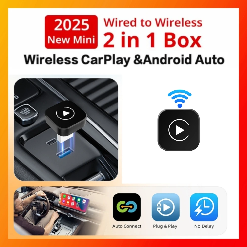 2 in 1 Wireless CarPlay Adapter Plug & Plug Auto Connect No Delay Converts Wired to Wireless Compatible for iPhone & Android