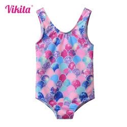 VIKITA Kids Mermaid Print Colorful Swimsuit One Piece Girls Backless Bathing Suits Children Swimwear Kids Travel Beachwear 4-10Y
