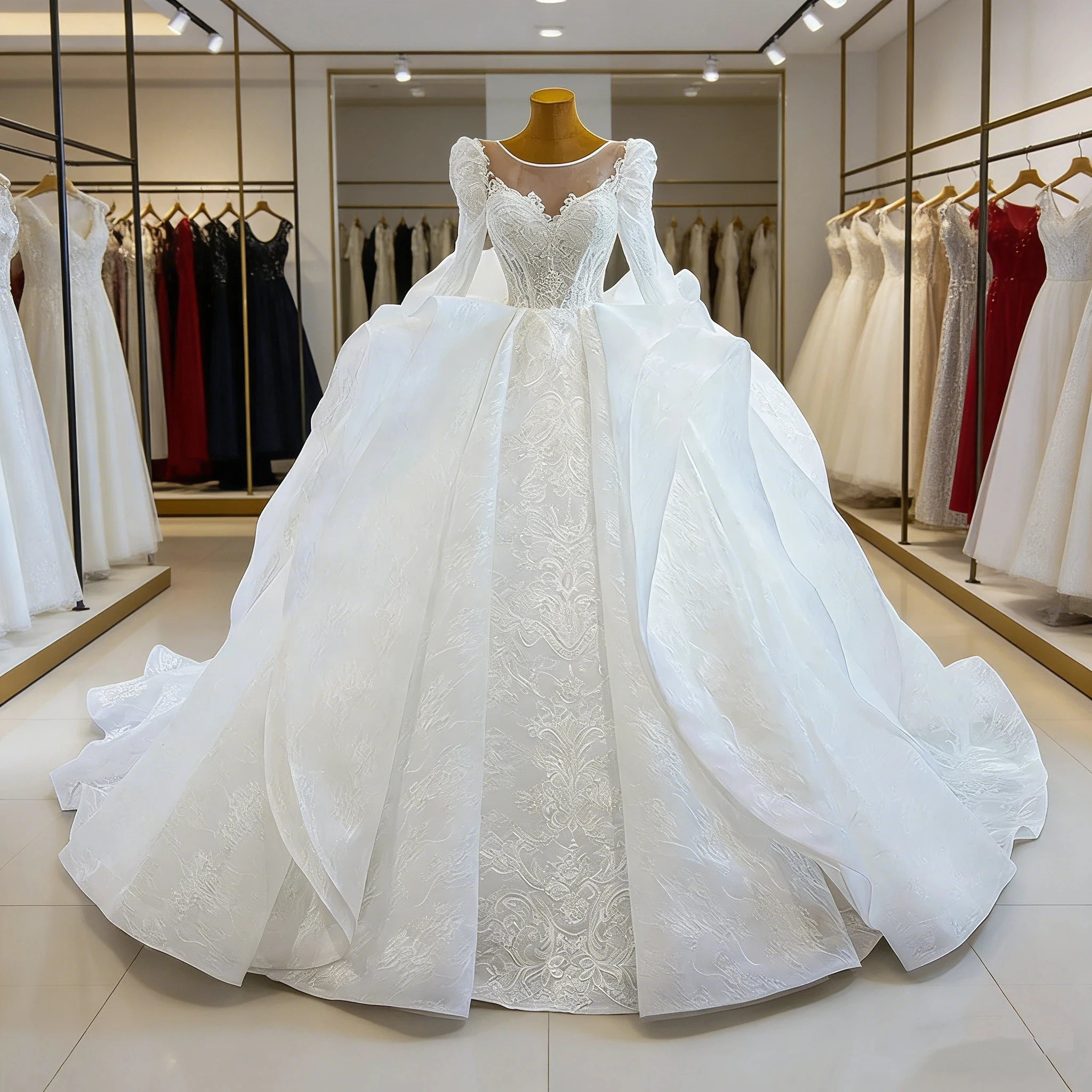 Luxurious A-Line Lace Embroidered Princess Wedding Dress With Sexy Transparent Collar Bridal Gown Vestido De Noiva Customized