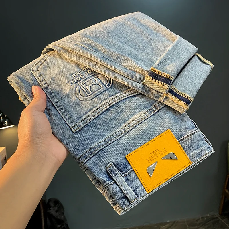 New high-end MEN\'S jeans light luxury brand straight fit trendy stretch versatile casual fashionable printed denim pants