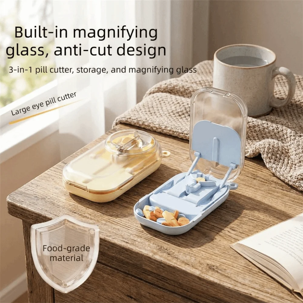 Portable Pill Cutter Storage Box Dustproof Sealed Pill Divider Case Precise Cutting with Magnifying Glass Cut Tablet Dispenser