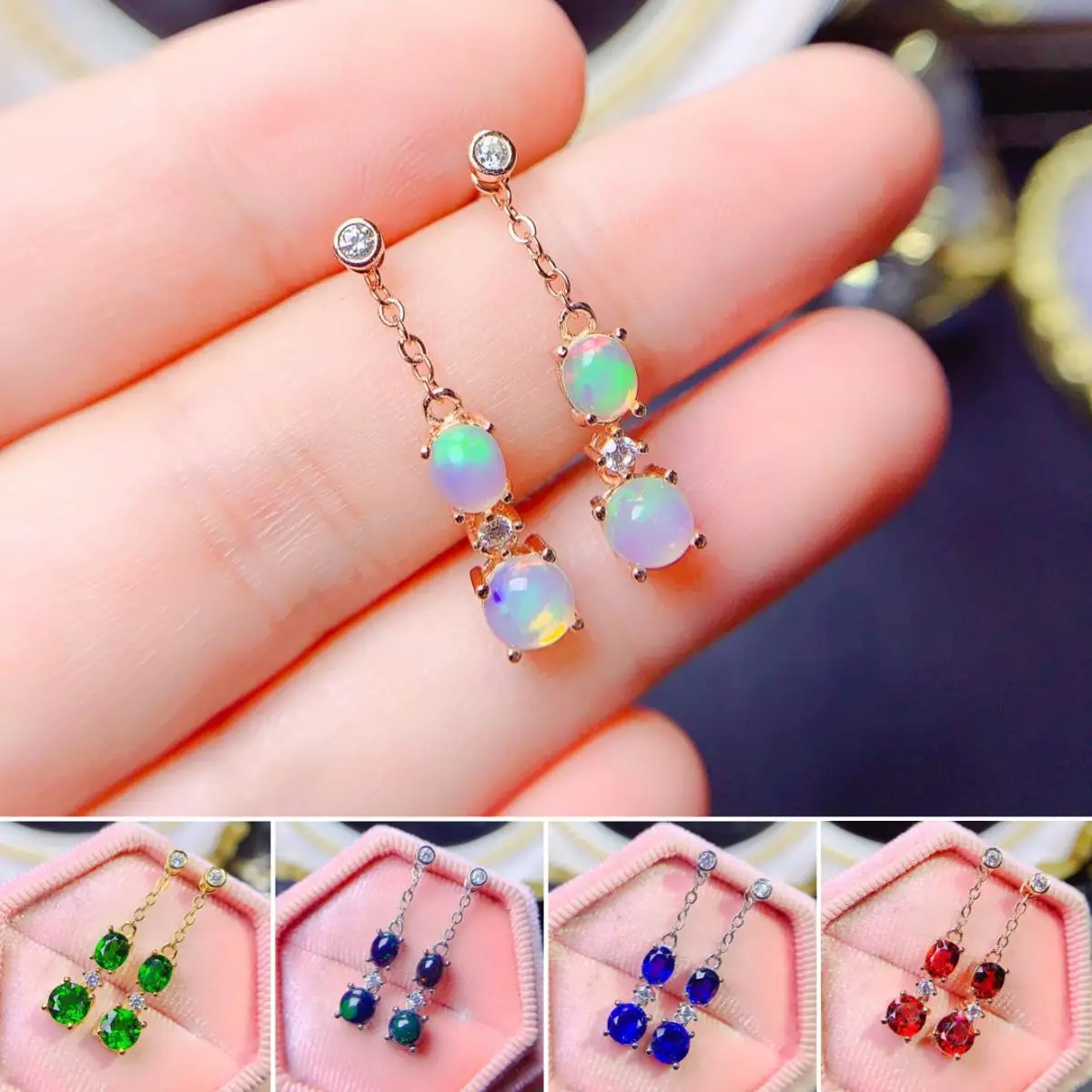 FS 4*5 Natural Sapphire/Opal/Garnet Fashion Long Earrings S925 Pure Silver Fine Wedding Jewelry for Women MeiBaPJ New