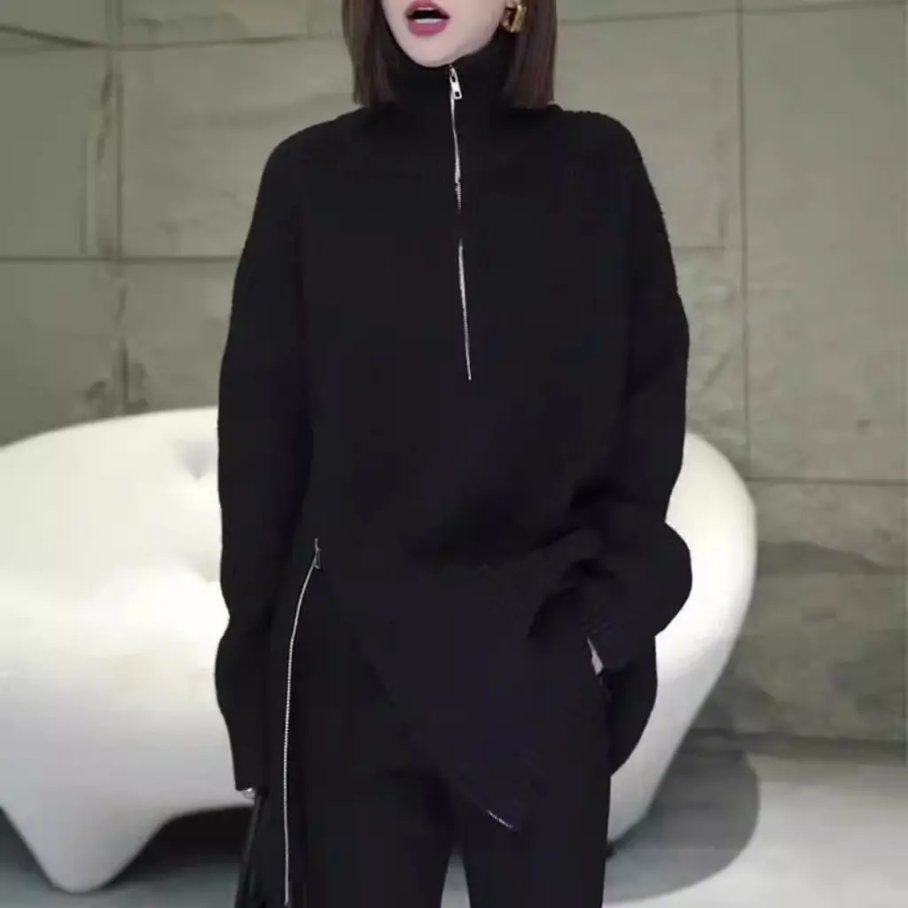

Women's Korean Style Lazy Fashion Mid-Length Knitted Sweater Loose Fit Half-Zipper Turtleneck Autumn Winter New Arrival