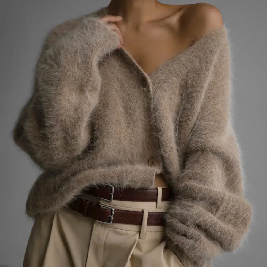 

2024 Autumn and Winter Faux Mink Cardigan Women's Lazy Style Loose Sweater Jacket Soft Long Sleeved Knitted Sweater Women