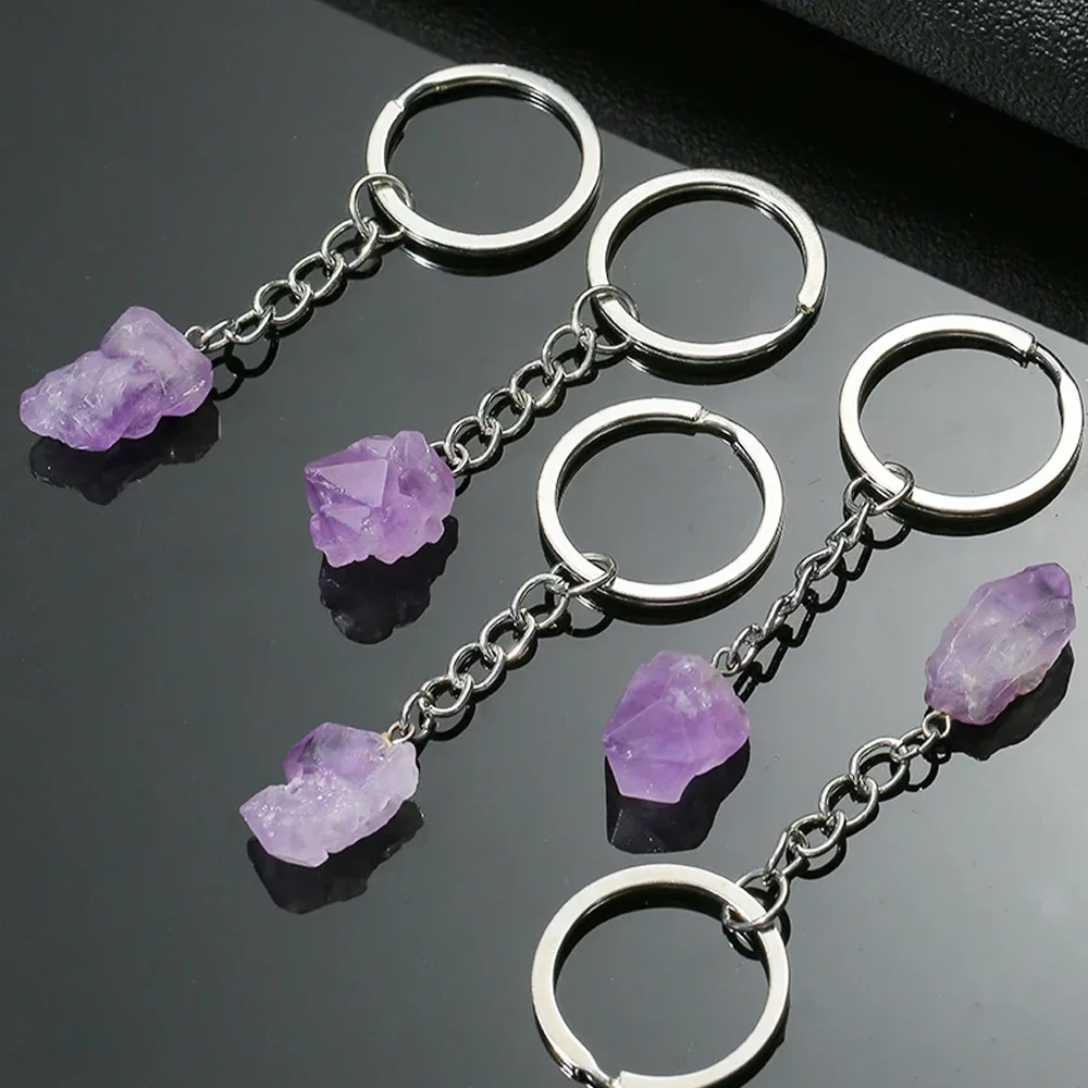 Natural Amethyst Flower Keychains Crystal Healing Stone Keychain Irregular Rough Quartz Reiki Healing Gemstone Dangle Pendant