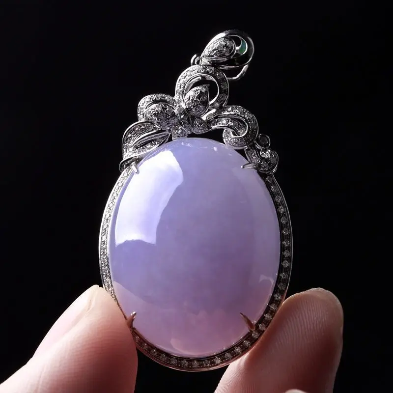 Natural Jade Chalcedony violet color Oval Necklace Large Pendant high-level Luxury Fashion Engagement Silver jewelry for women