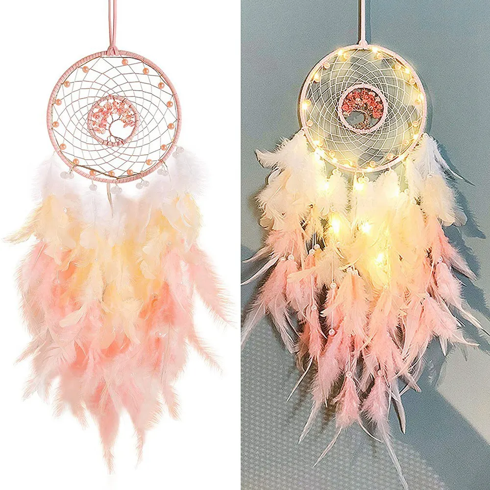Dream Catcher Hanging Ornament Decor Handmade LED Lights Pink Feather Healing Crystals Dreamcatchers for Home Wall Decor HOT
