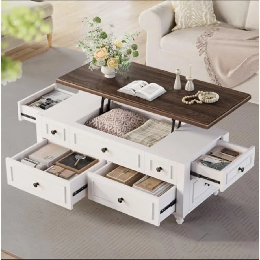 

47.2" Lift Top Coffee Table with Storage, Farmhouse Coffee Table with Large Hidden Storage Compartment and 4 Drawers, Square Co