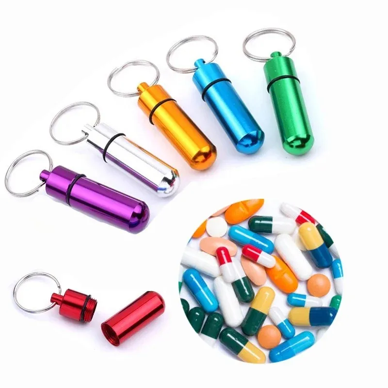 1pcs Hiking Mini Aluminum Pill Box Medicine Case Container Bottle Holder Keychain Outdoor Pillbox Portable Key Ring