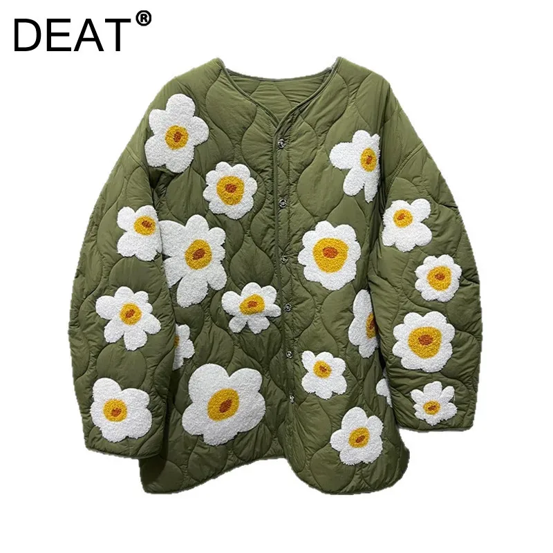 DEAT Women's Coat Loose Flowers Shape Cotton-padded O-neck Long Sleeve Female Thick Jackets 2025 New Fashion Spring 33A2279