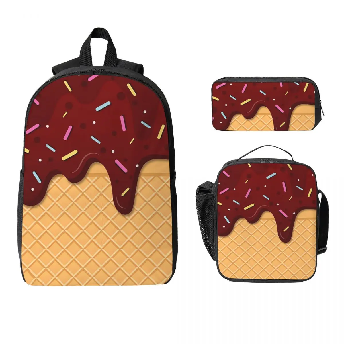 

Ice Cream Waffle With Chocolate Backpack BookBag School Bag Computer Shoulder Bags 3ps Insulated Lunch Bag Pencil Case
