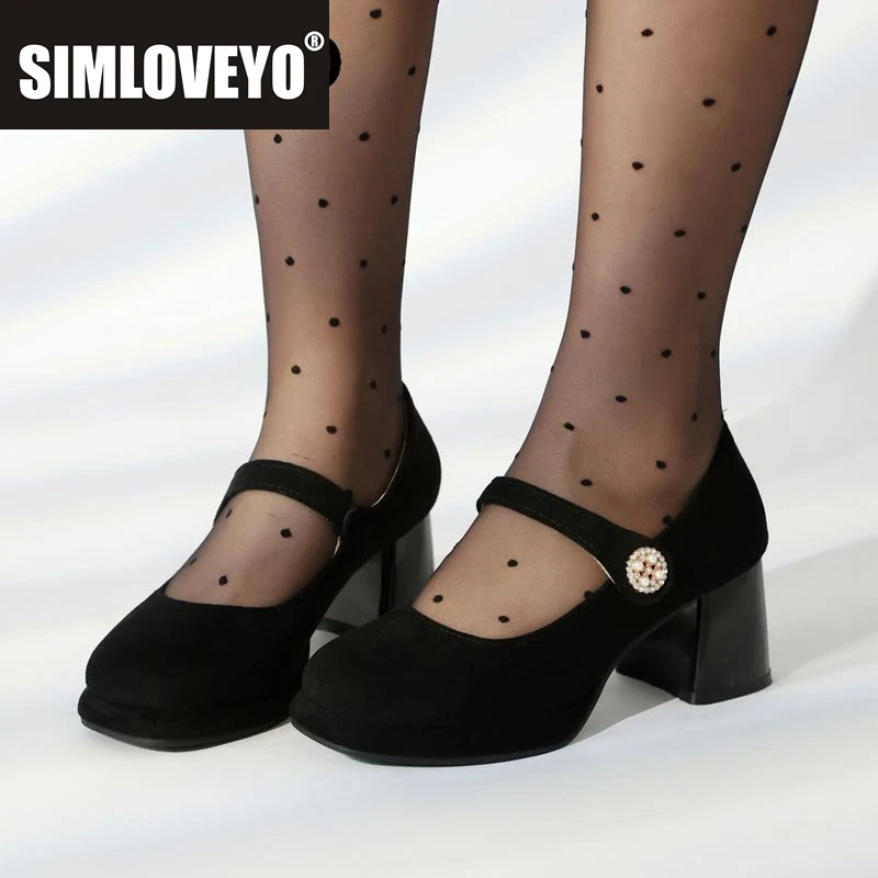 

SIMLOVEYO Female Pumps 32 33 Round Toe Chunky Heels 5.5cm Platform Flock Buckle Strap Big Size 41 42 40 43 Mary Janes Shoes