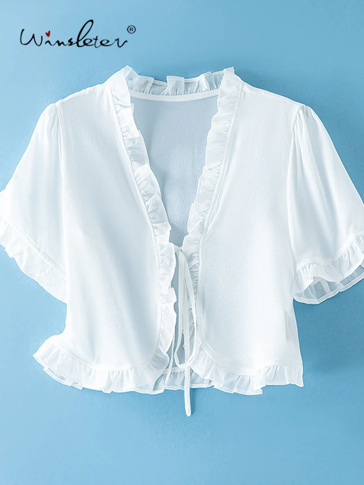 Winsleter-8MM 100% Silk Elegant Coat, V Neck Short Sleeve, Women Ruffles Vacation Sunscreen Thin Coat, 2026 Summer New C67173CC