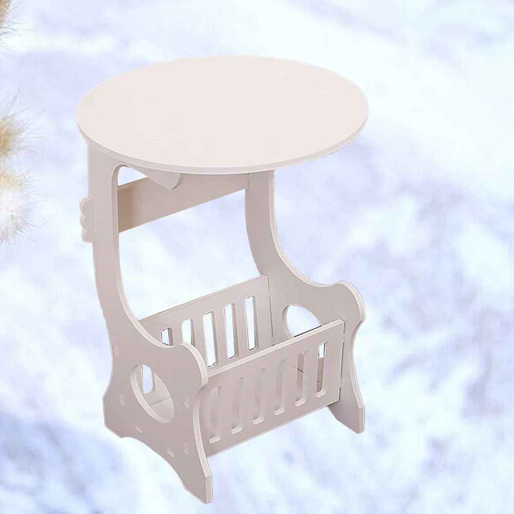 

Mini Sofa Side Table White Small Size Round Coffee Table with Magazine Rack and Storage Basket for Living Room Bedroom Balcony