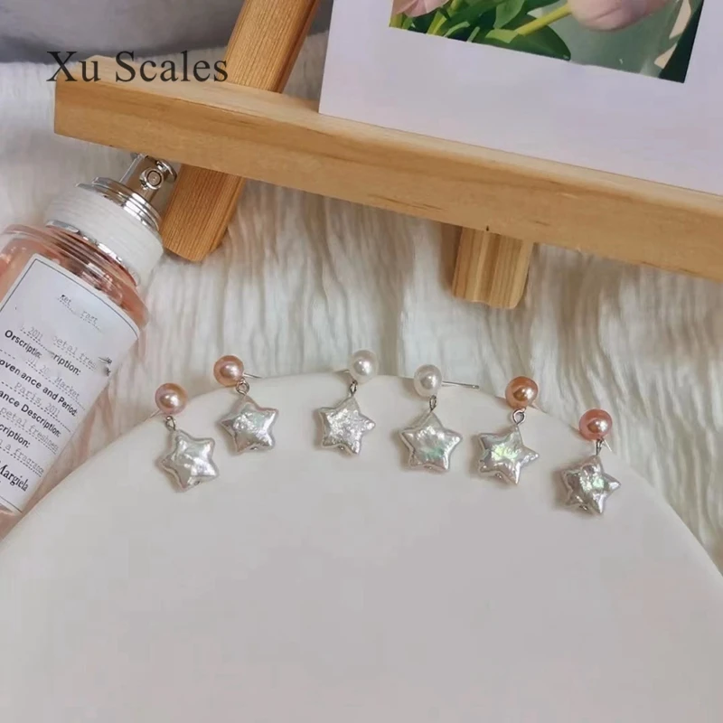 Natural de água doce irregular barroco pérola lucky star duplo grânulo brincos cinco ponto estrela irregular 925 prata agulha jóias