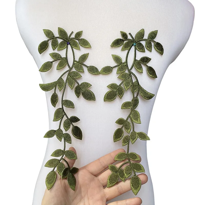 1 Paar grüne Blätter, Efeu-Blumen, florale Pflanzenapplikationen, Stickerei zum Aufbügeln, Stoffaufkleber zum Aufnähen für Kleidung, Kleider usw. – Detail 5