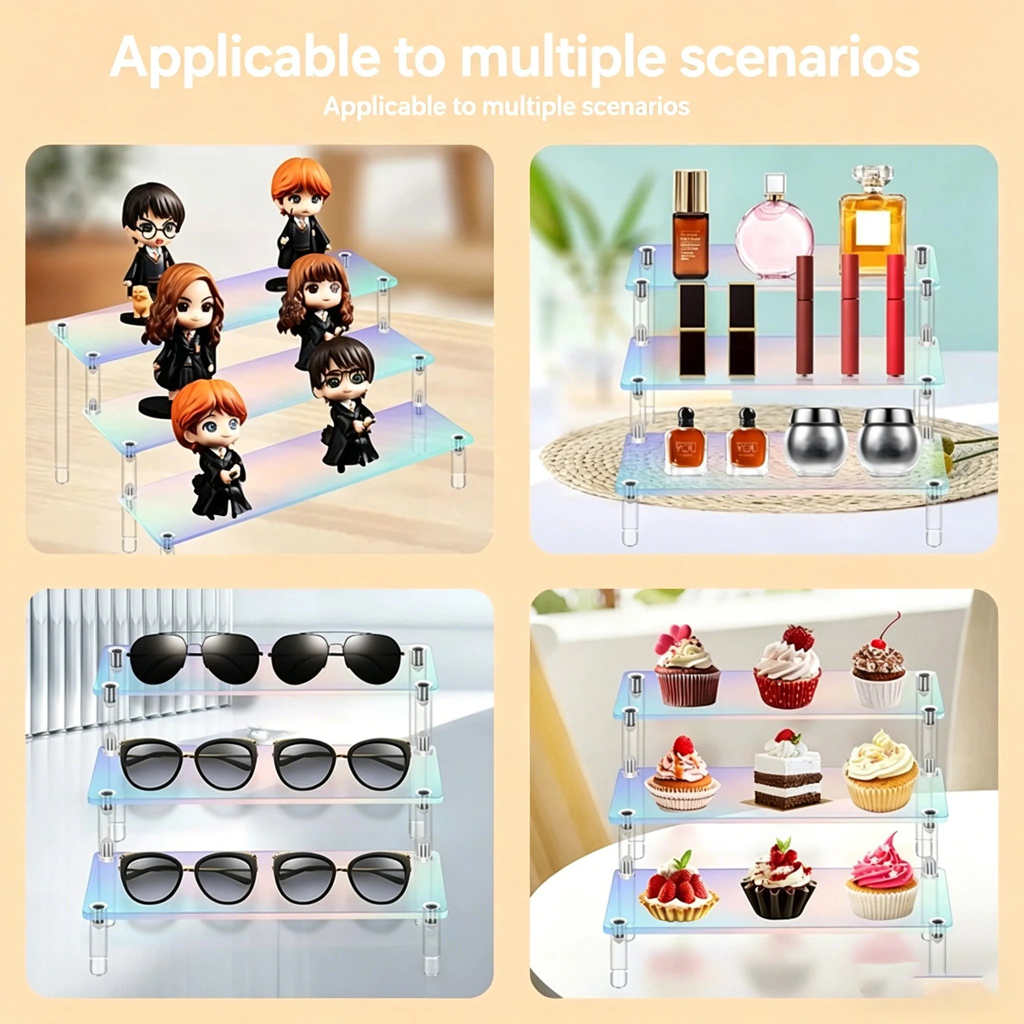 1-4 Tier Acrylic Display Stand, Clear Riser Rack for Cupcake, Perfume Doll Décor and Organizer Amiibo Funko POP Figures