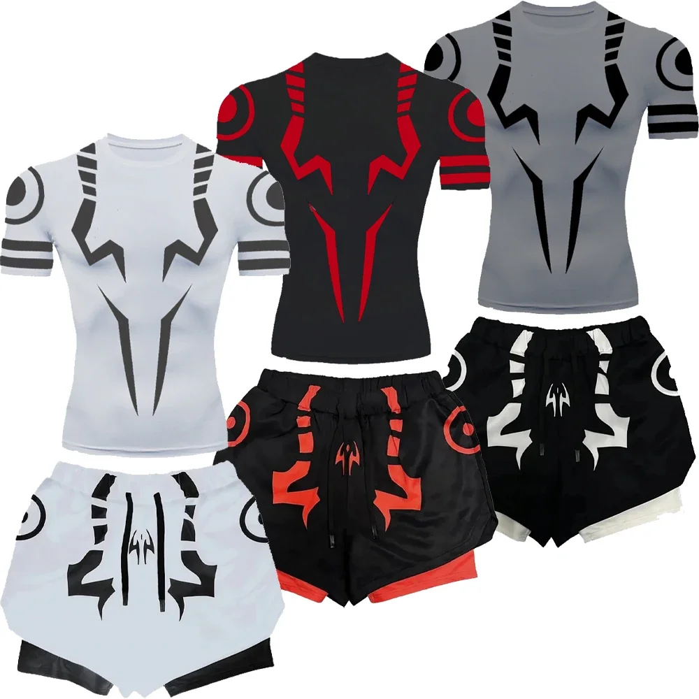 

Jujutsu Kaise Anime Compression Sportswear Suit Men Fitness Set Quick Dry Manga Compression Shirt+2 in 1 Gym Shorts 2PCS Summer