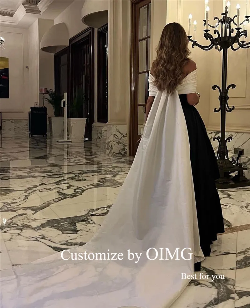 OIMG Ivory And Black Taffeta Formal Evening Dresses Off the Shoulder Sleeves Long Tail Saudi Arabic Party Prom Dress Customized