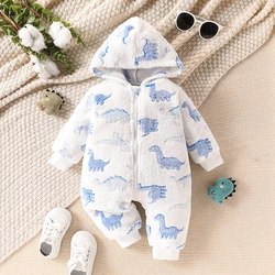 Baby boy fashion cute dinosaur full body printed fur fabric hooded long sleeved zipper jumpsuit long leg crawling suit