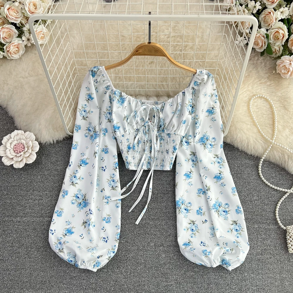 Spring Autumn Sweet Women Floral Shirts Fashionable Square Collar Lantern Long Sleeve Lace-Up Folds Short Female Blouse