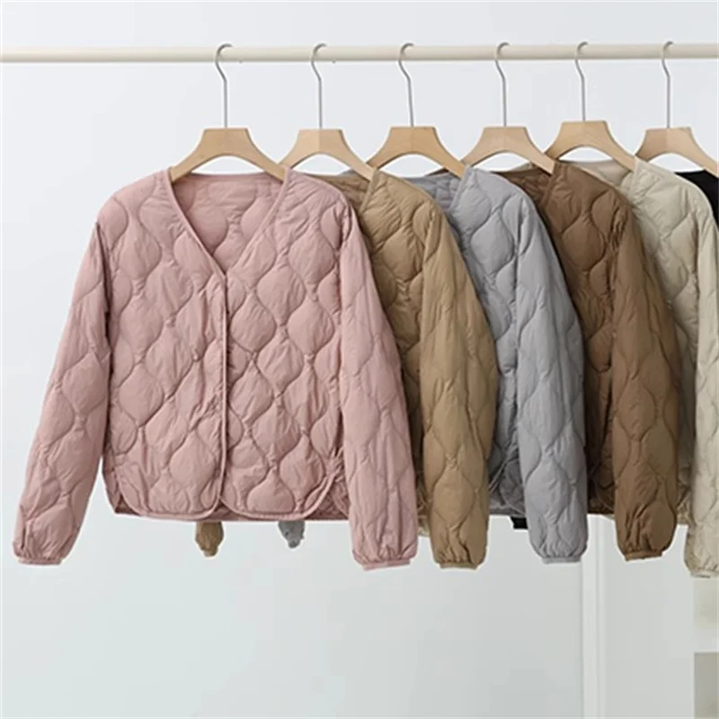 Manteau d'hiver pour femme, col en V, léger, chaud, en duvet de canard blanc, parka courte, simple boutonnage, grande taille, vêtements d'extérieur