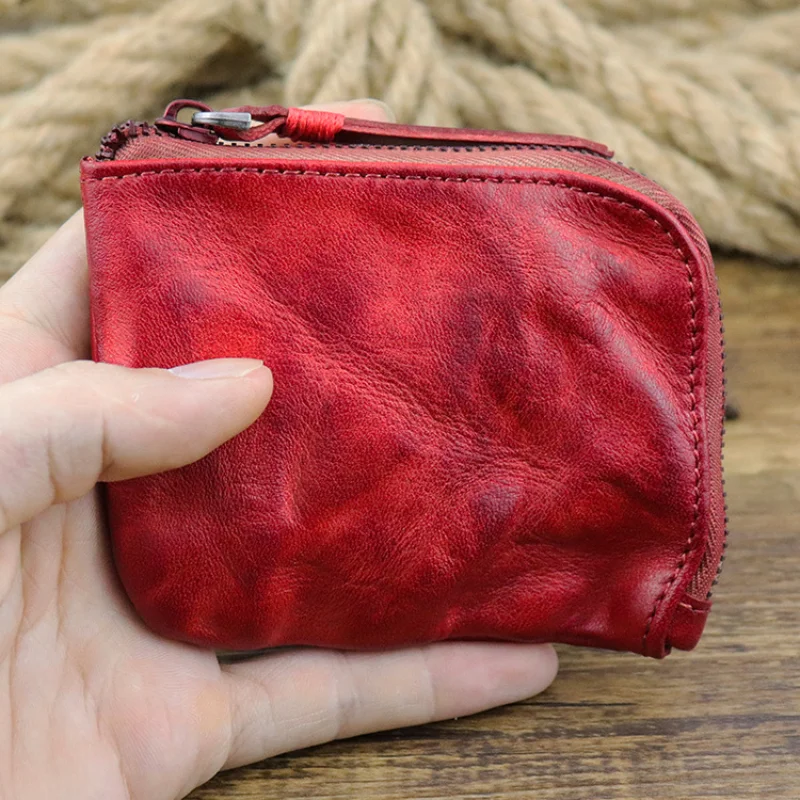 New Top Layer Cowhide Vintage Vegetable Tanned Leather Wallet Simple Japanese Style Zipper Wallet