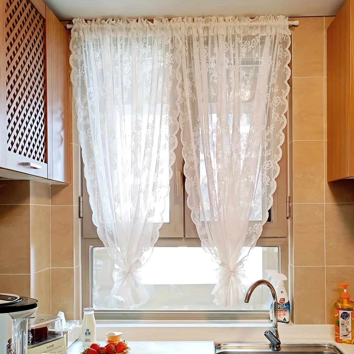 1pc White Floral Embroidered Lace Sheer Curtain Ruffled Hem Voile Light Filtering Drape for Kitchen Bedroom Living Room