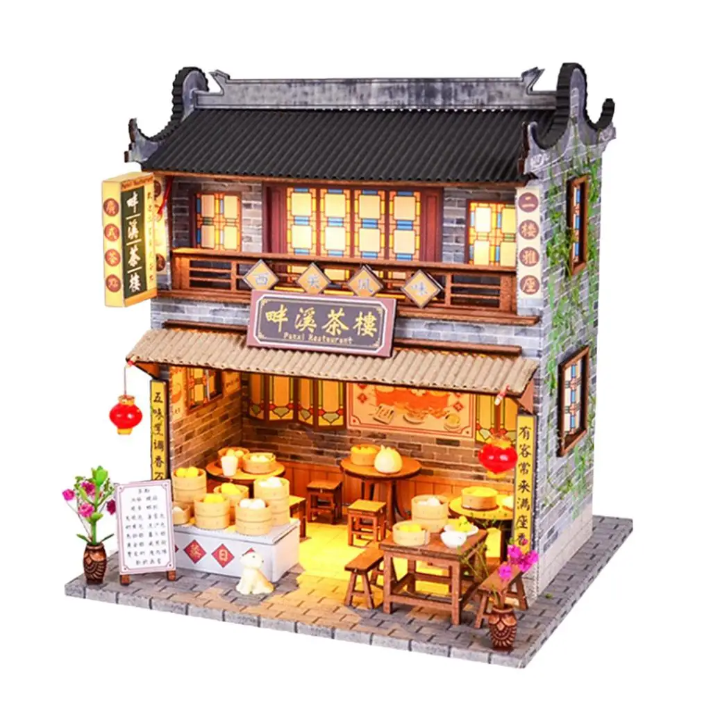 1/24 Mini Wooden Handmade Dollhouse with Vintage DIY Assembling Chinese Teahouse Miniature Crafts Toys for Children and Teens