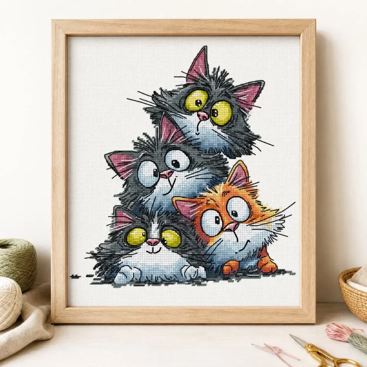 [CC6106-Four Kittens] Stamped Cross Stitch Kit 11CT 14CT 16CT Pre Printed Canvas Cotton Threads Embroidery Needlework Wall Decor